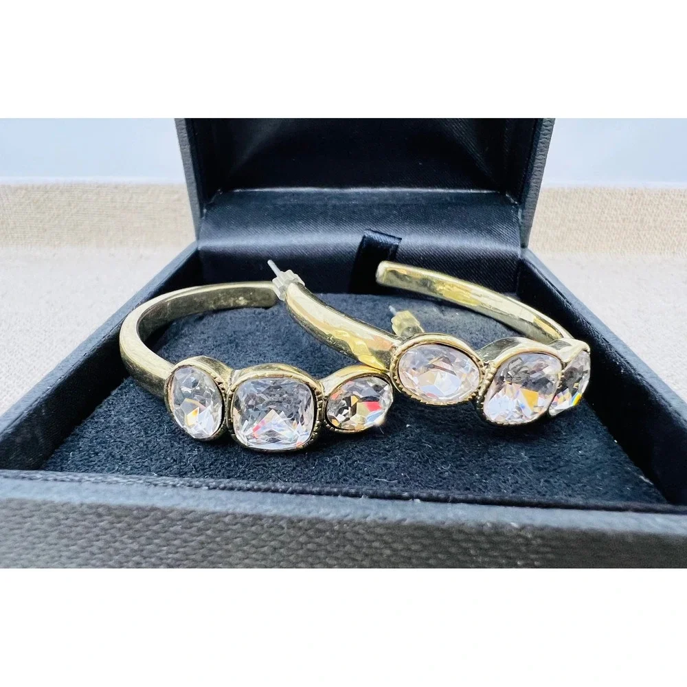 Heidi Daus Gold Tone Clear Crystal Triple Stone Hoop Earrings Pierced C-Hoops